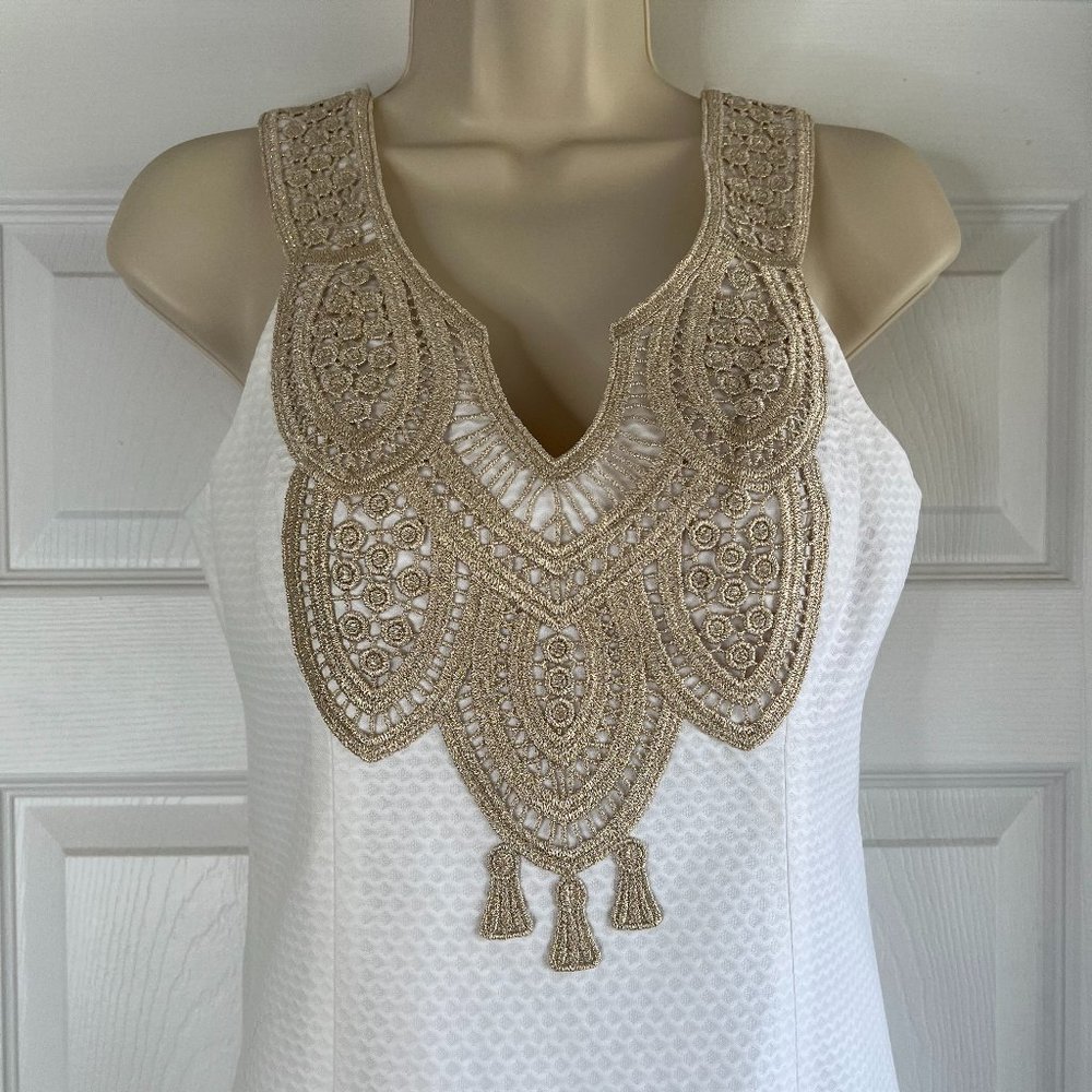 Gorgeous Lilly Pulitzer Resort White Largo Shift Dress Size 0 NWT Gold Crochet - Picture 3 of 13